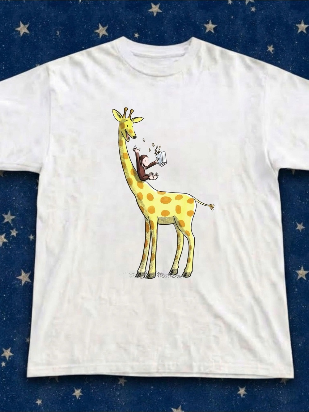 Gildan White Tee with Yellow Giraffe and Brown Monkey Graphic